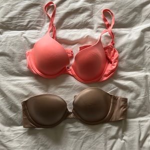 Lot of 2 Victoria’s Secret 32B pink Lined Demi + nude Biofit strapless pushup